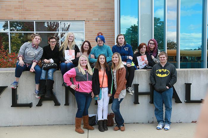 Students gather in front of Hyand Hall at the 2015 Fall Conference at UW-Whitewater.