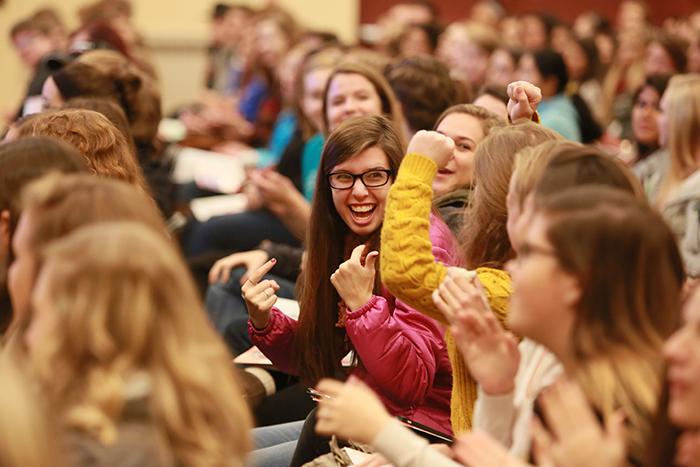 Students are excited at news of contest results at Fall Conference, 2015.